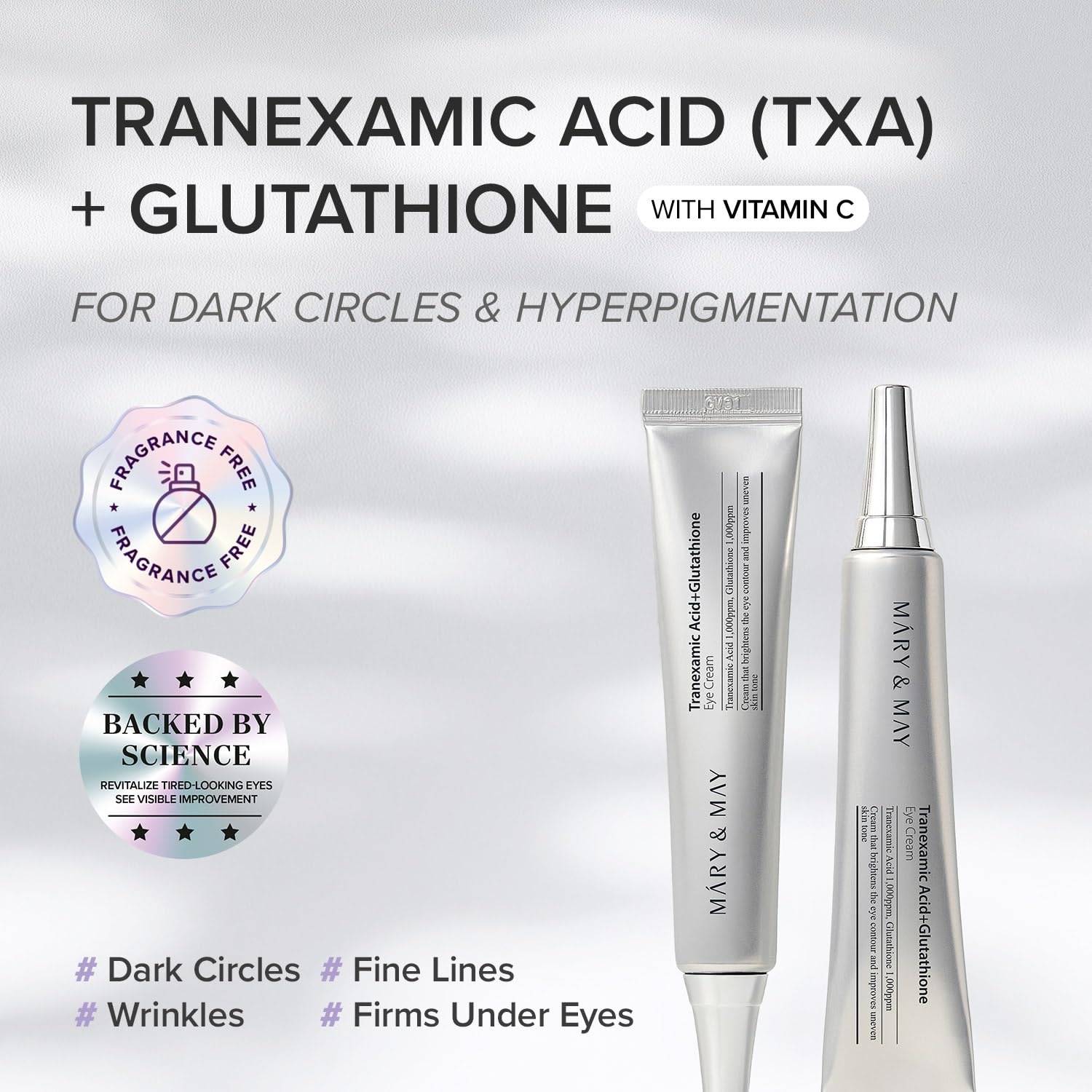 Mary May Tranexamic Acid Glutathione Eye Cream texture – lightweight non-irritating moisturizing under-eye dark circle cream