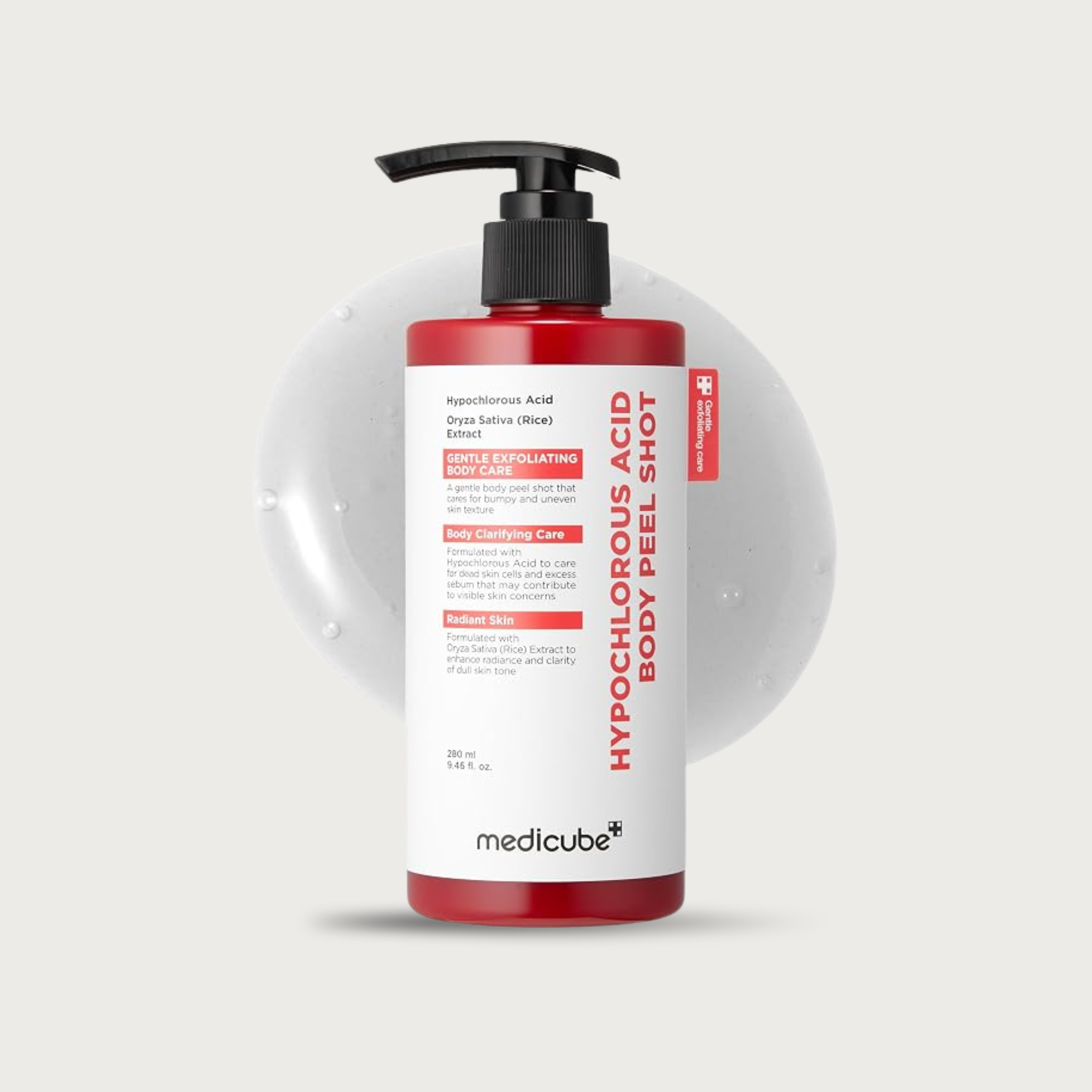 Medicube Hypochlorous Acid Body Peel Shot 280ml – Korean HOCl body exfoliating serum Rice Charcoal Centella Tea Tree Ceramide