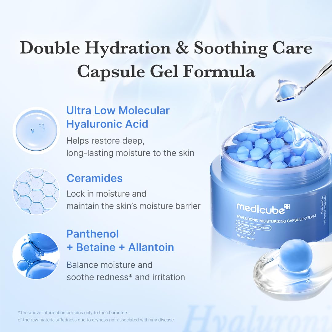 Medicube Hyaluronic Capsule Cream texture – lightweight dewy finish non-greasy all skin types barrier repair 55ml $25