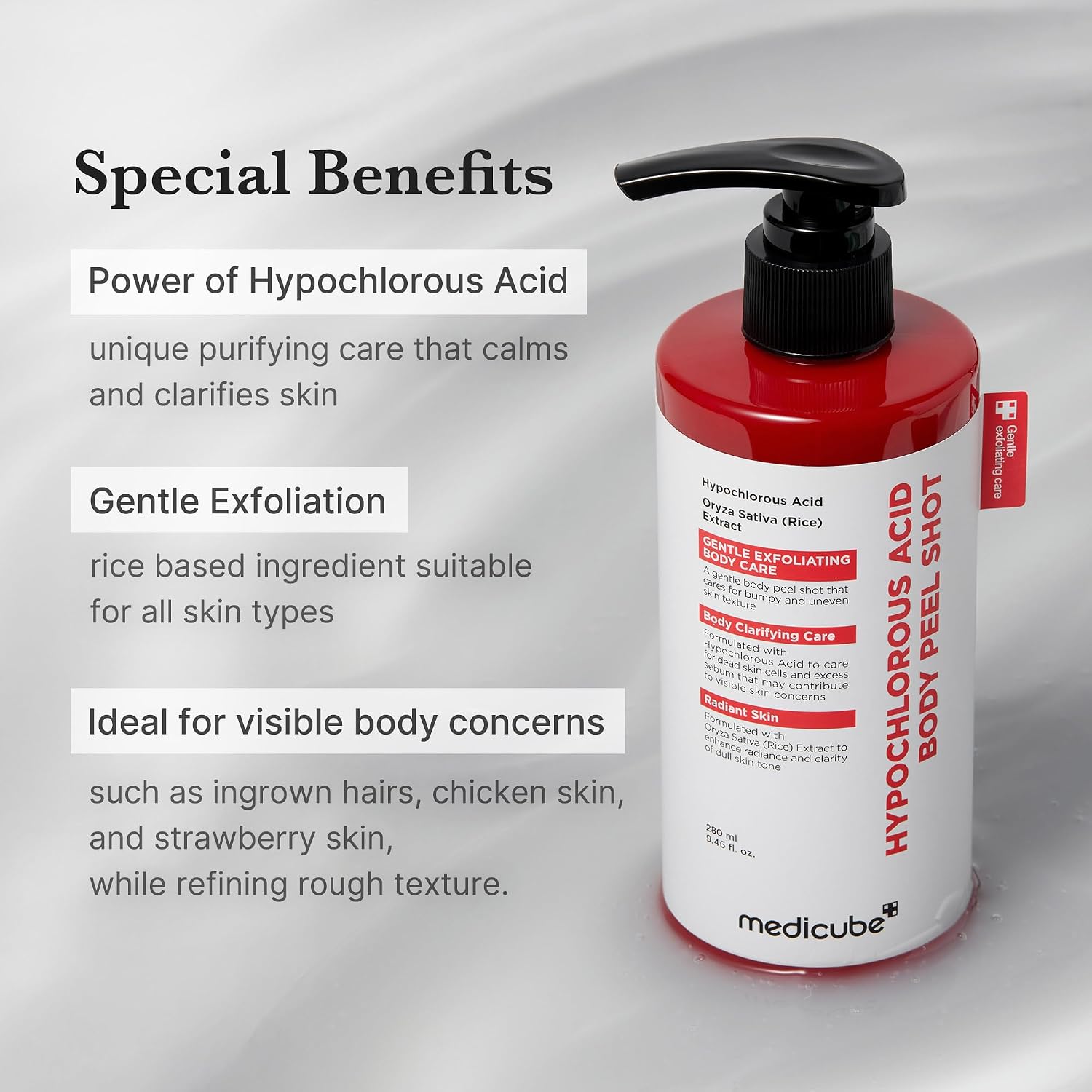 Medicube Body Peel Shot texture – watery fast-absorbing serum smooth onto dry skin no scrubbing Korean body exfoliation