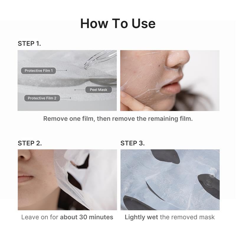 Medicube HOCl Peel Mask how to use – apply dry face 30 min peel off wet to reveal follow toner moisturizer Korean