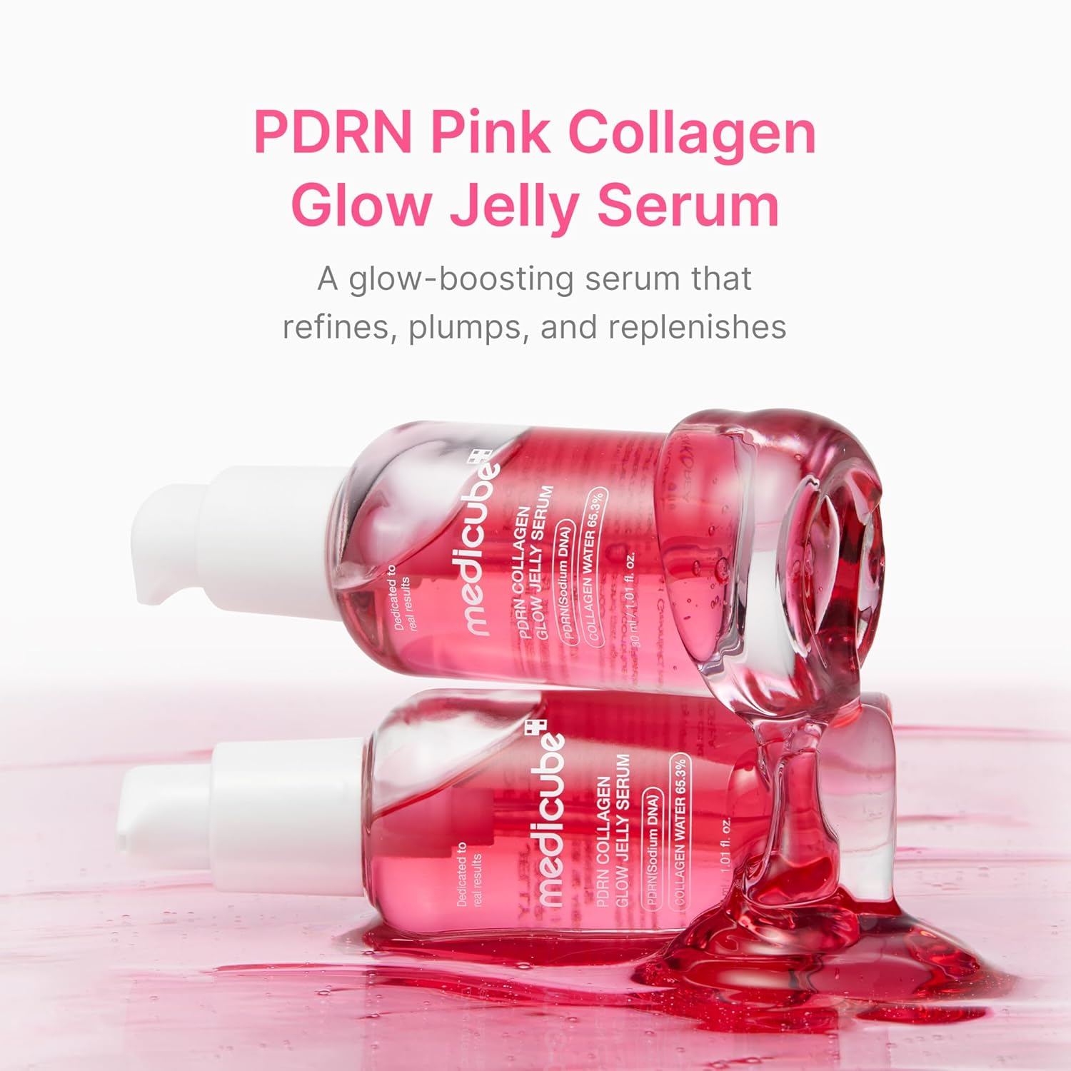 Medicube PDRN Pink Jelly Serum texture – pink water-jelly 1:9 oil-to-jelly ratio lightweight non-sticky fast-absorb dewy glow plump skin
