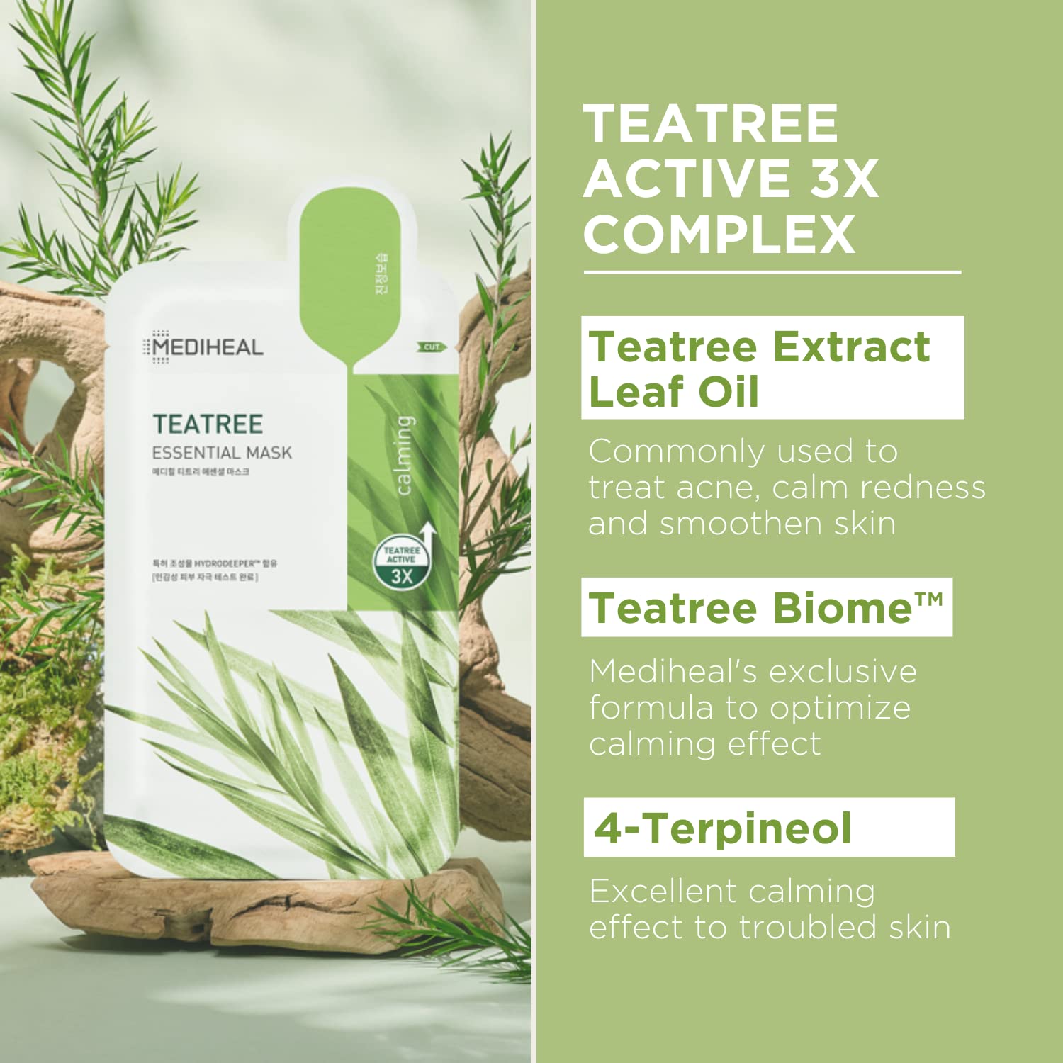 Mediheal Teatree Mask Tea Tree Active 3x – triple tea tree extract leaf water leaf oil 4-Terpineol Calming Biome probiotic amino acids soothe