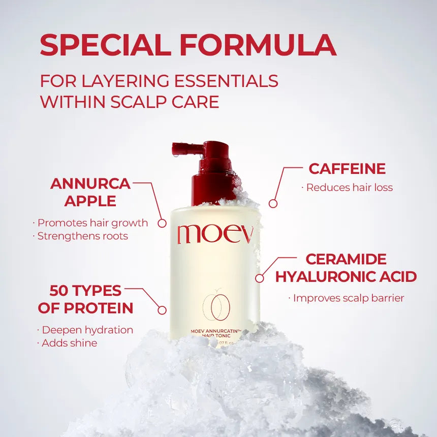 MOEV Annurcatin Hair Tonic clinical – 164% less hair loss 4 weeks cools scalp 39°F 144% oil reduction vegan silicone-free