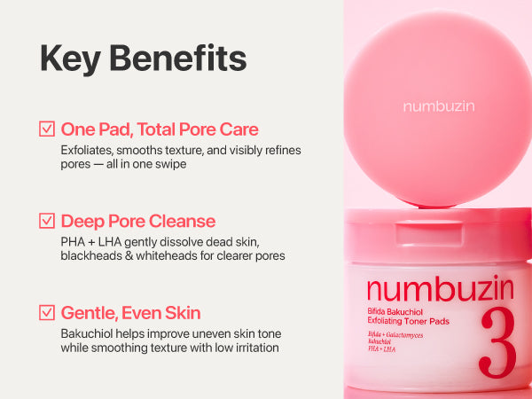 Bakuchiol PHA and LHA exfoliating actives in Numbuzin No.3 toner pads