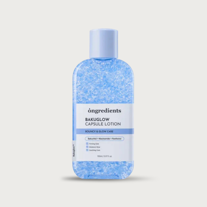Ongredients Bakuglow Capsule Lotion 150ml – Korean glow lotion blue Guaiazulene capsules BakuGlow Bakuchiol 13 peptides PDRN fragrance-free