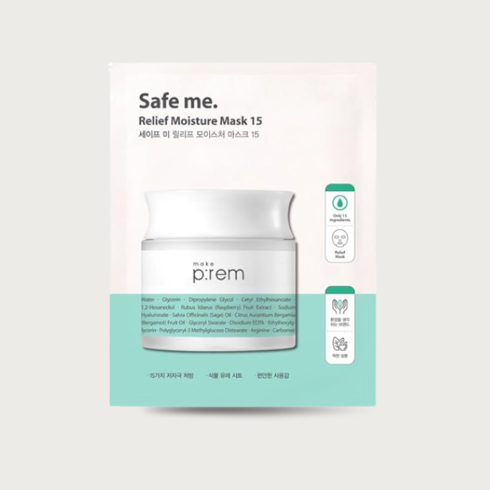 make p:rem Safe Me Relief Moisture Mask 15 – Korean clean sheet mask 15 EWG ingredients HA Nordic Raspberry Bergamot Sage bamboo has fragrance $3