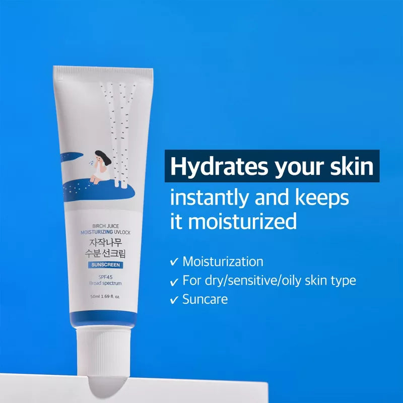 Round Lab Birch Sunscreen dewy finish – lightweight chemical SPF 45 invisible all skin tones super dewy glow 35 reviews 4.6 stars