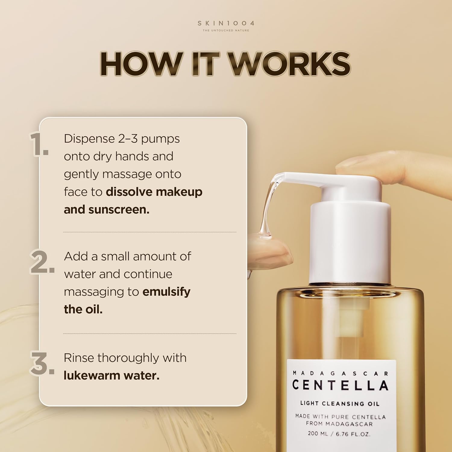 Skin 1004 Centella Cleansing Oil pump bottle – 200ml lightweight transparent oil pump dispenser K-beauty step 1 double cleanse routine