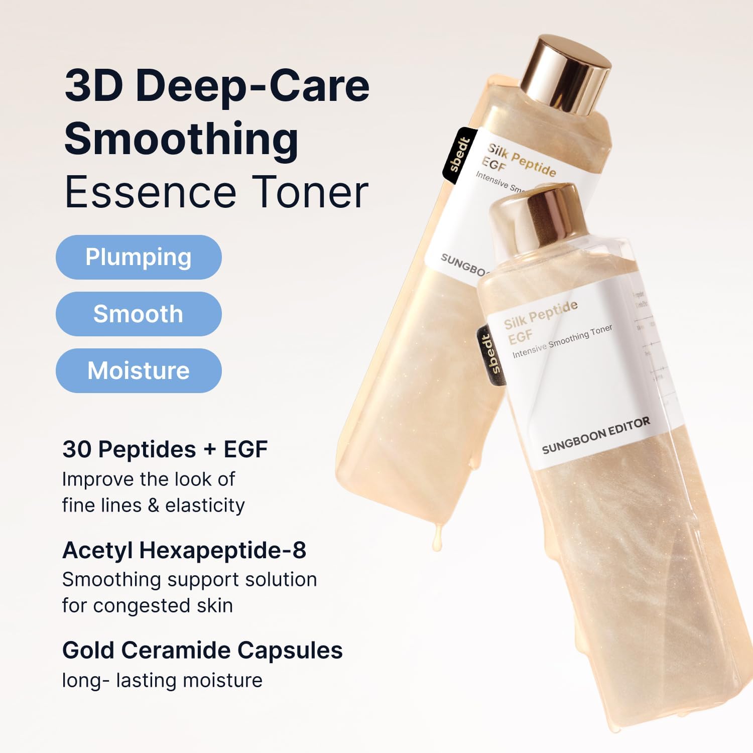 Sungboon Editor Silk Peptide EGF Toner texture – silky fast-absorbing cotton pad or palm application 300ml K-beauty anti-aging toner
