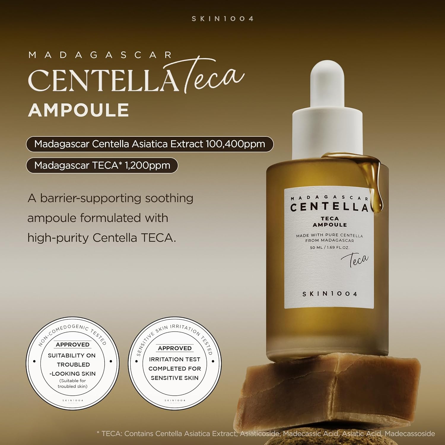 Skin 1004 Centella Teca Ampoule texture – golden watery dropper apply palm pat absorb morning night all skin types acne-prone sensitive