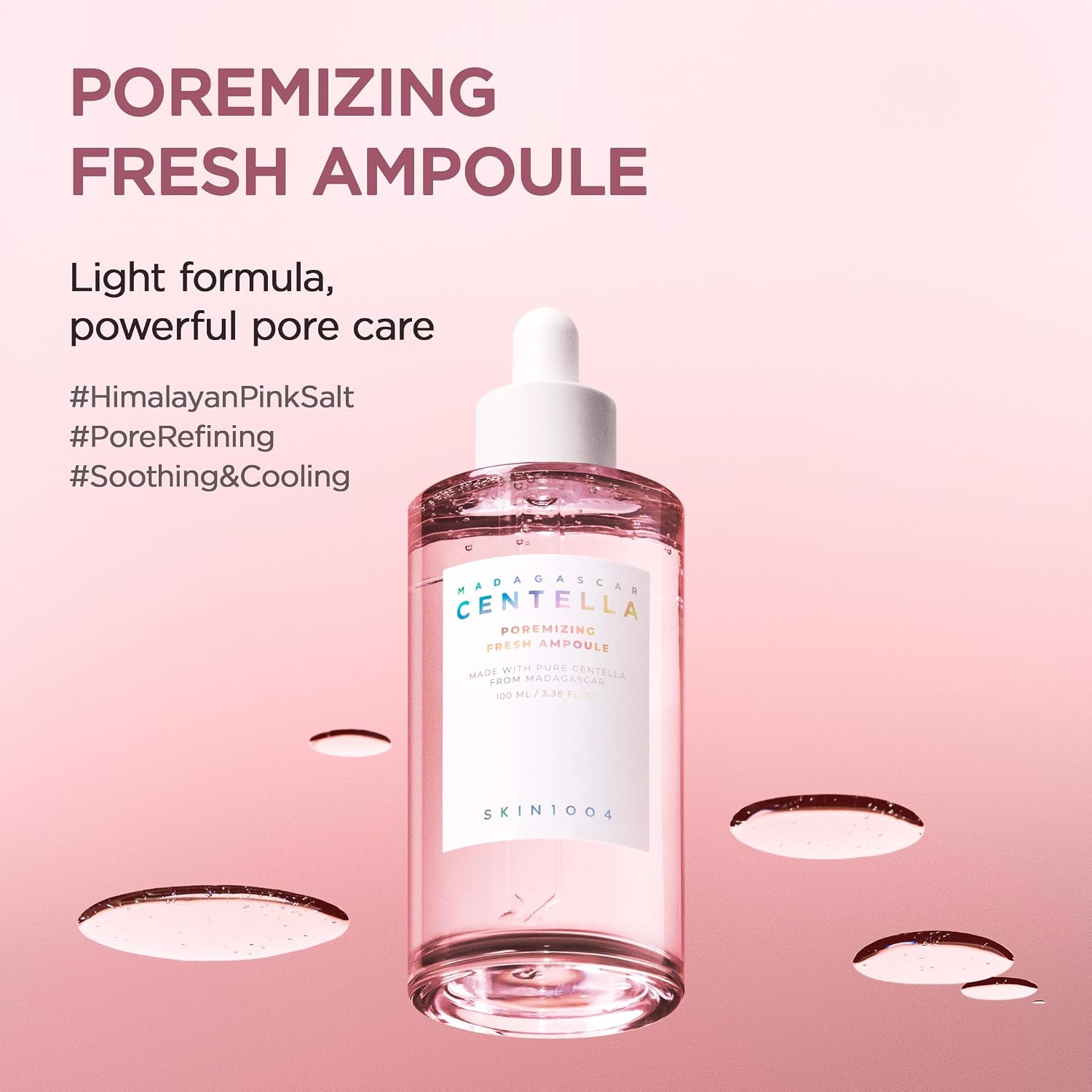 Skin1004 Poremizing Ampoule key ingredients – 50.47% Centella Pink Salt 9 peptides triple HA Chamomile Korean pore care