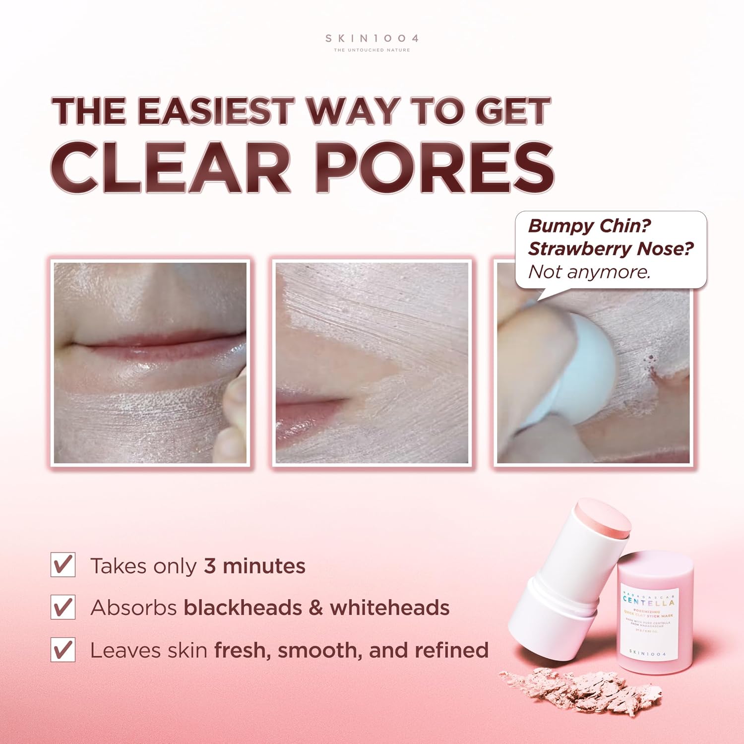 Skin 1004 Clay Stick Mask how to use – twist open apply dry skin 2-3 min sensitive 10-15 min deep cleanse rinse 20 reviews 4.7 stars