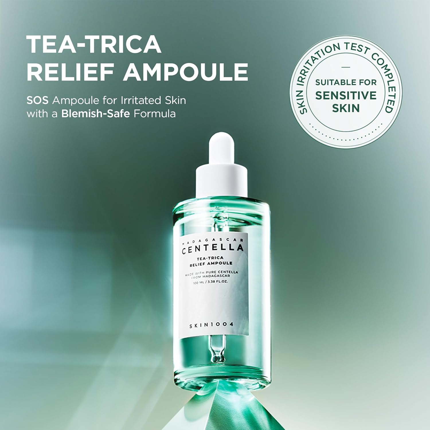 Skin 1004 Tea-Trica Relief Ampoule texture – lightweight serum drop or two on inflamed irritated skin SOS breakout calm redness 7 reviews 5.0 stars