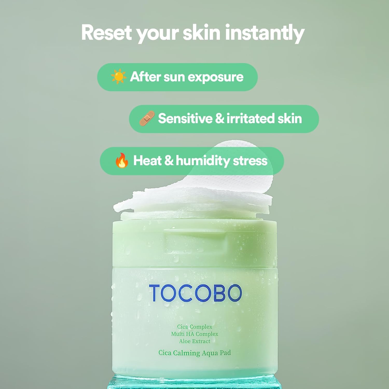 Tocobo Cica Pad on skin – instant cooling calm redness relief hydrated soothed sensitive irritated skin Korean vegan