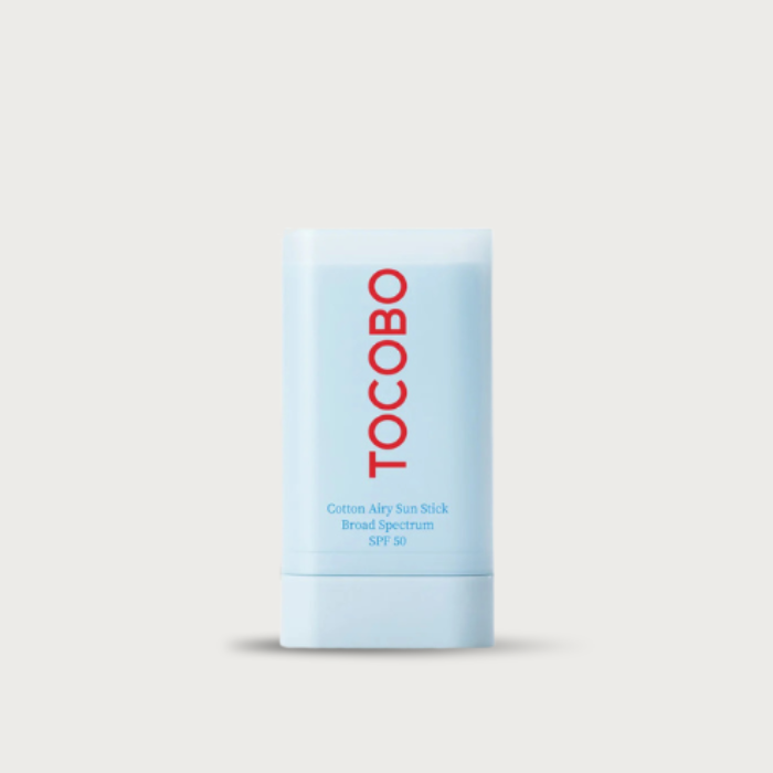 Tocobo Cotton Airy Sun Stick SPF 50+ 19g – Korean sunscreen stick US OTC Avobenzone Homosalate cotton extract matte no white cast vegan $18.50