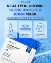Wellage Real Hyaluronic Glow Booster PDRN Mask two-piece hydrogel – upper sheet forehead eyes lower sheet mouth cheeks embossed side toward skin
