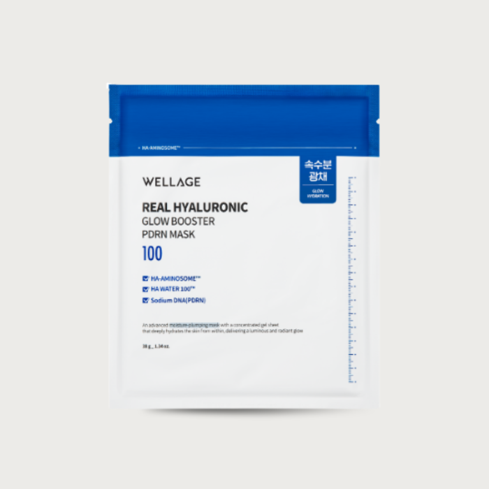 Wellage Real Hyaluronic Glow Booster PDRN Mask – Korean two-piece hydrogel mask PDRN 5 HA HA-AMINOSOME HyalWater Glutathione Niacinamide fragrance-free $4.50