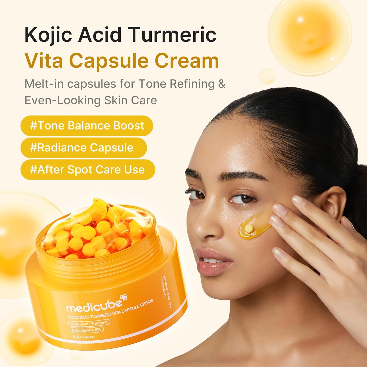 Medicube Kojic Acid Capsule Cream burst mechanic – visible capsules press burst concentrated actives gel cream base freshness absorption