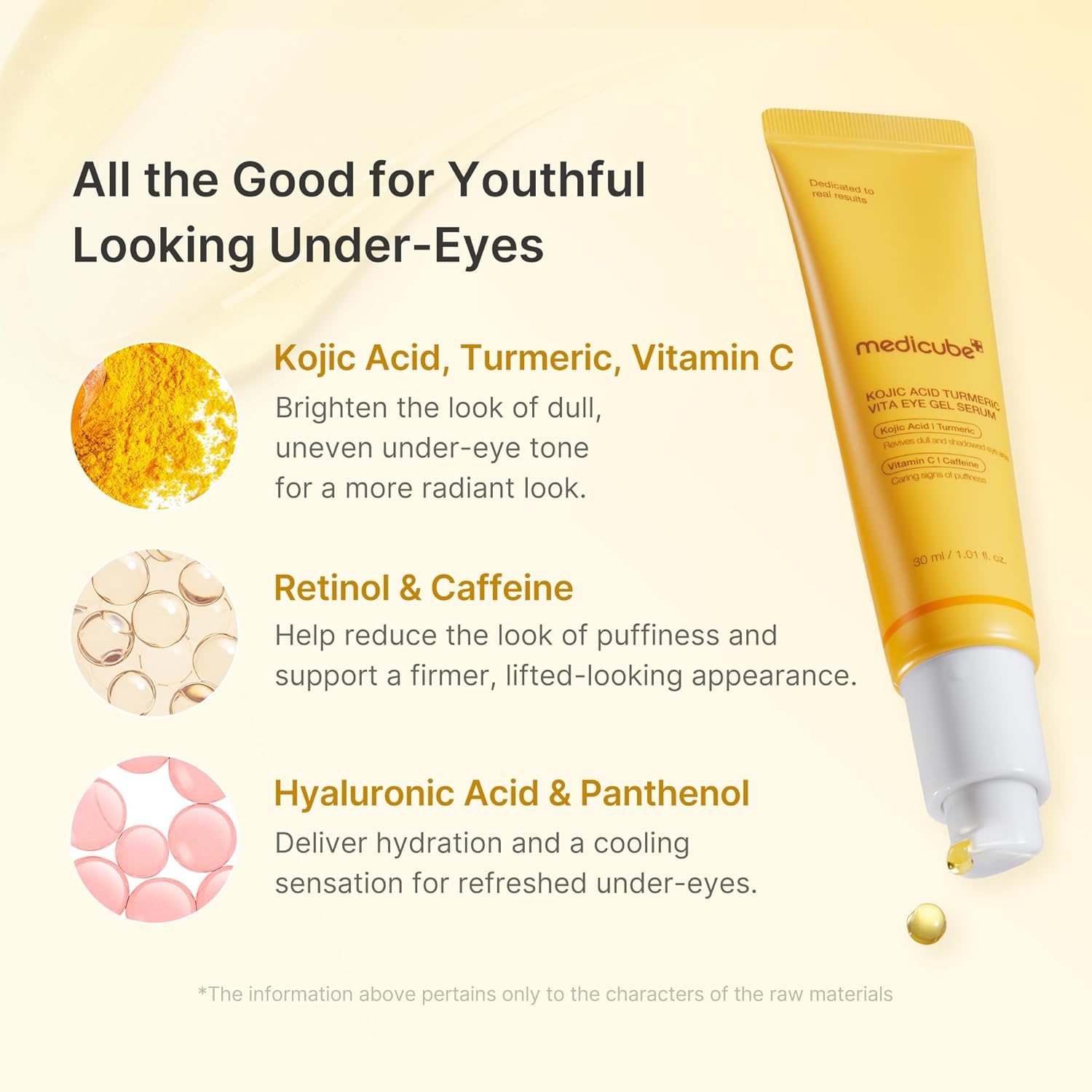 Medicube Turmeric Eye Serum Retinol Caffeine – Retinol firms fine lines crow's feet Caffeine de-puffs eye bags instant puffiness reduction