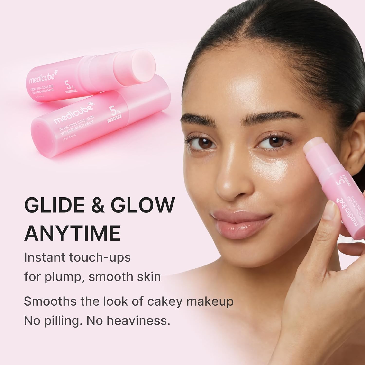 Medicube PDRN Pink Multi Balm stick format – swipe directly under-eyes smile lines eye corners forehead neck final PM step or over makeup