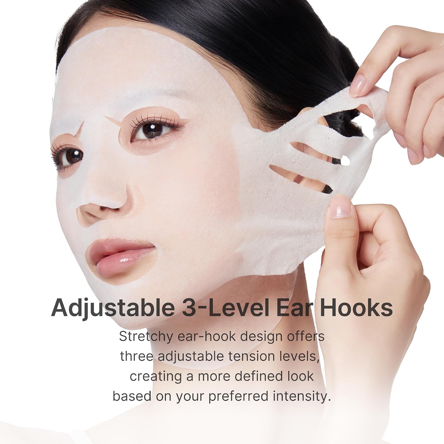 Medicube Tension Up Mask ear-hook detail – 3 adjustable holes customize tension intensity diamond-pattern premium sheet snug elastic hold