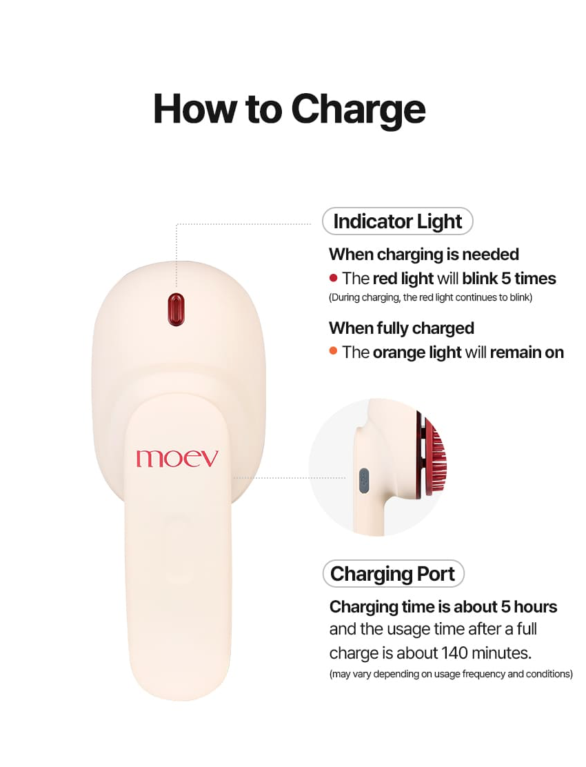 MOEV Hair Steamer Pro how to use step 2 – brush downward roots to ends or massage scalp evenly mist button press