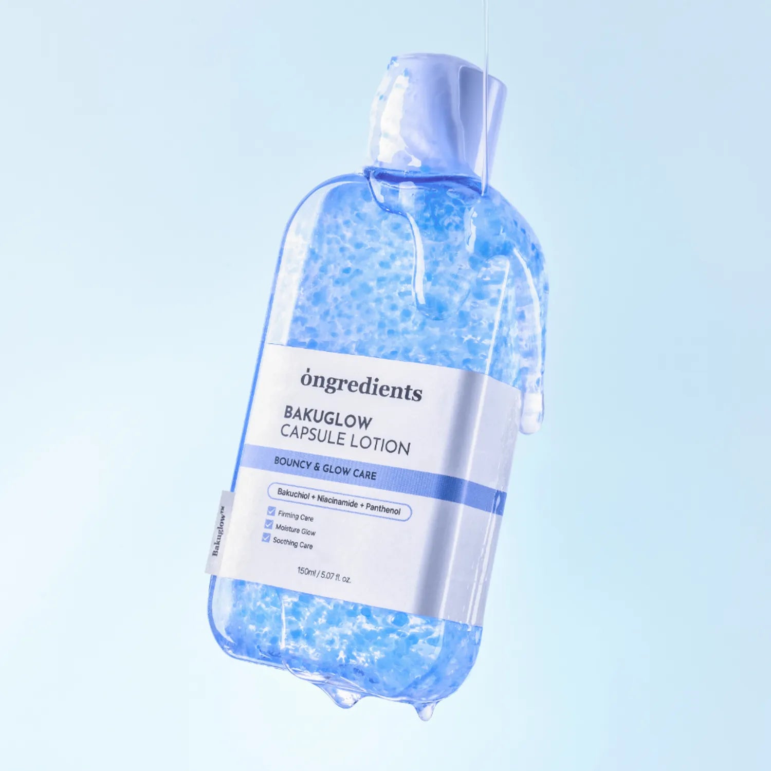 Ongredients Bakuglow Capsule Lotion 150ml – Korean glow lotion blue Guaiazulene capsules BakuGlow Bakuchiol 13 peptides PDRN fragrance-free